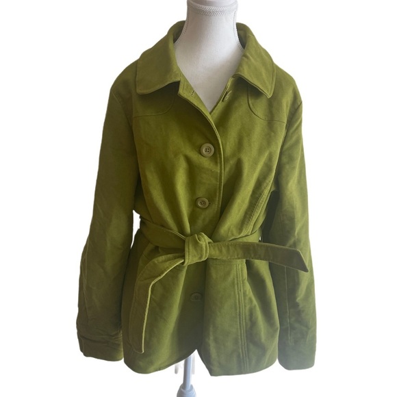 LL Bean Coat Womens  Large Pea Green Cotton Button Up Belted Collared Jacket Y2K - Picture 1 of 16